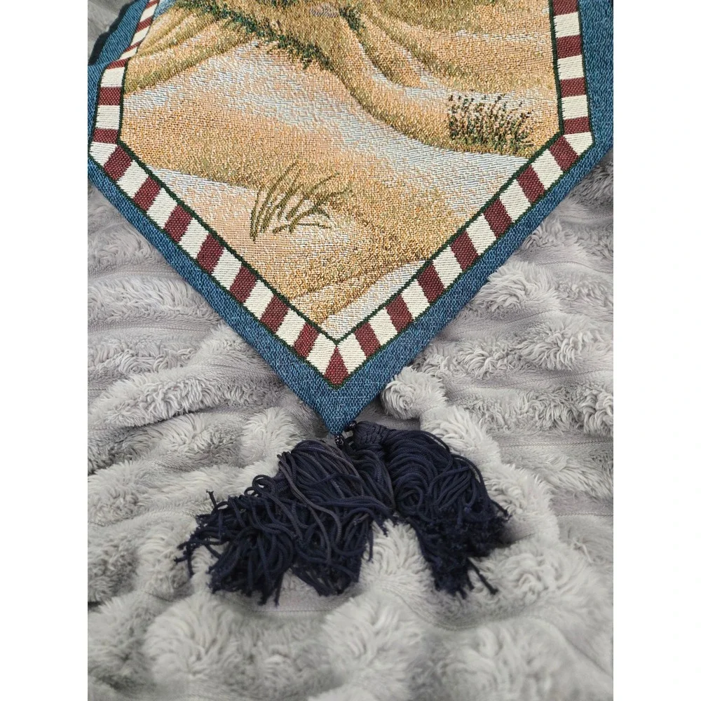 Nautical Lighthouse Woven Tapestry Table Runner Coastal Beach Decor Tassel 68in